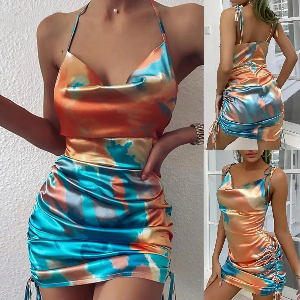 

Tie Dye Print Women Dress Sexy Sleeveless Dresses for Women Bandage Spaghetti Strap Dress Women Ruched Mini Dress Femme Vestido