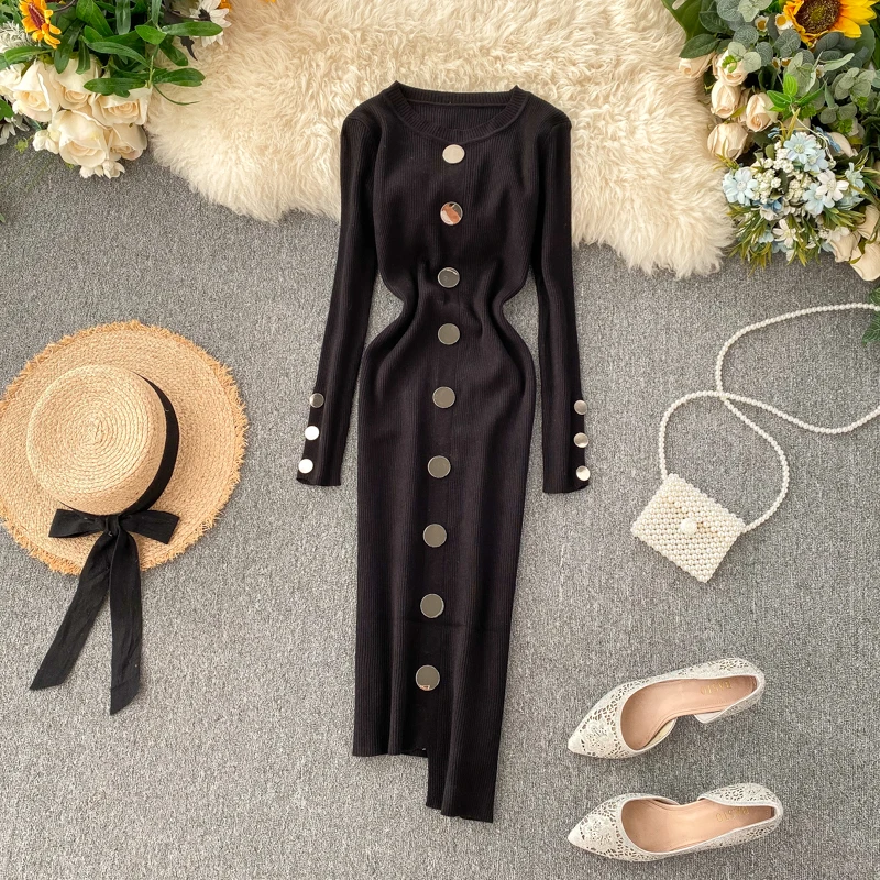 

The spring of 2021 the new "women 's knitted dress long - sleeved elastic buttons irregular slim fit hip dress" women