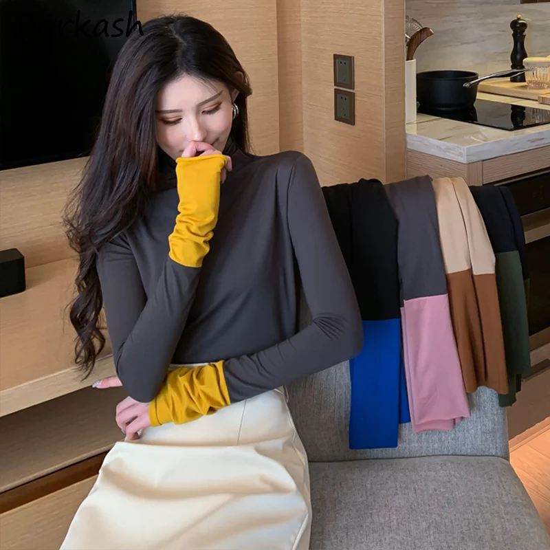 

Long Sleeve T-shirts Women Slim Simple Spring Tops Aesthetic Clothes Patchwork Turtleneck Casual Classic Candy Colors Chic Tees