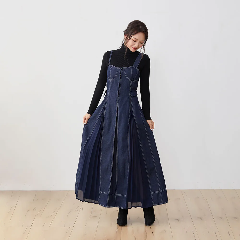 

Женское платье 2021 Новинка до щиколотки без рукавов с высокой талией в Корейском стиле с плечевым ремнем костюм весна-осень для девушек