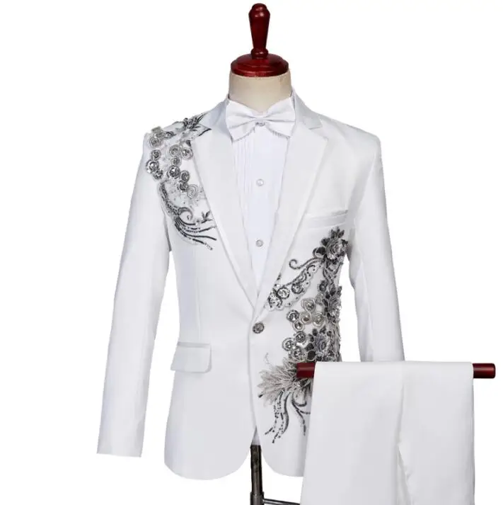 

white Blazer men groom suit set with pants mens Sequin suits costume singer star style traje hombre stage clothing formal dress