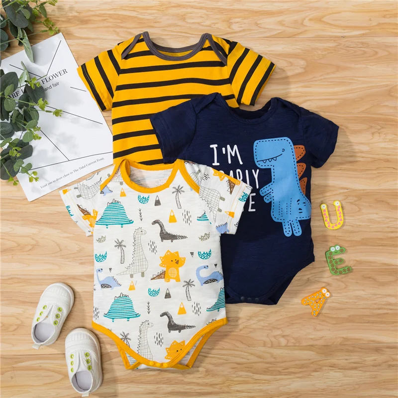 

Baby Boy's Summer Breathable Bodysuits 3 Pcs,Infant Fashion Stripe Animal Letter Print Short Sleeve Round Neck Bodysuits