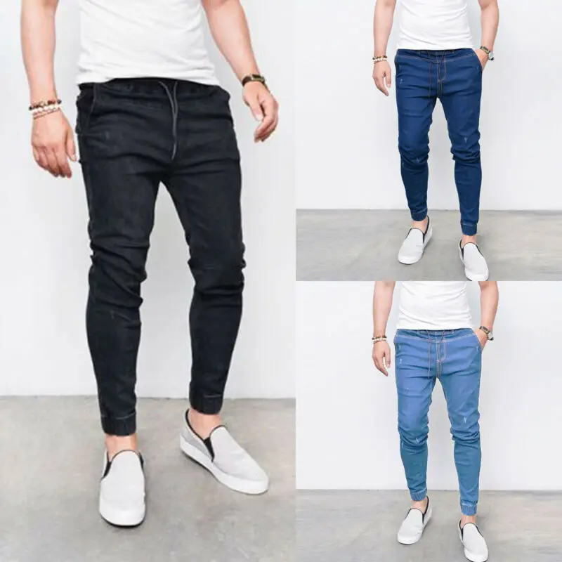

Men Jogger Sports Jeans Slim Fit Frayed Denim Pants Trousers Full Length Bottoms