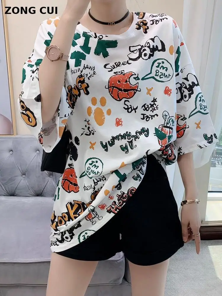 

Летняя футболка с короткими рукавами, футболка с принтом женские хлопчатобумажные Круглый воротник свободные размера плюс Повседневный То...