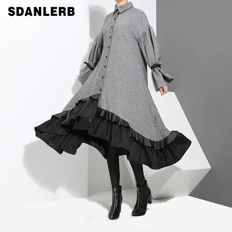 

2021 Autumn New Cotton and Linen Dress Korean Style Elegant Women's Clothing Slim Fit Ruffled Mid-length Loose Shirt Dress