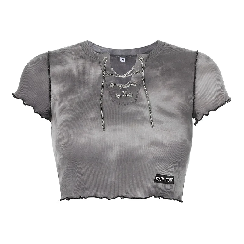 

New Design Sense of Chest Chain Hollow Small Letter Embroidery Long-sleeved Tie-dye T-shirt Women's Autumn Short Crop Top