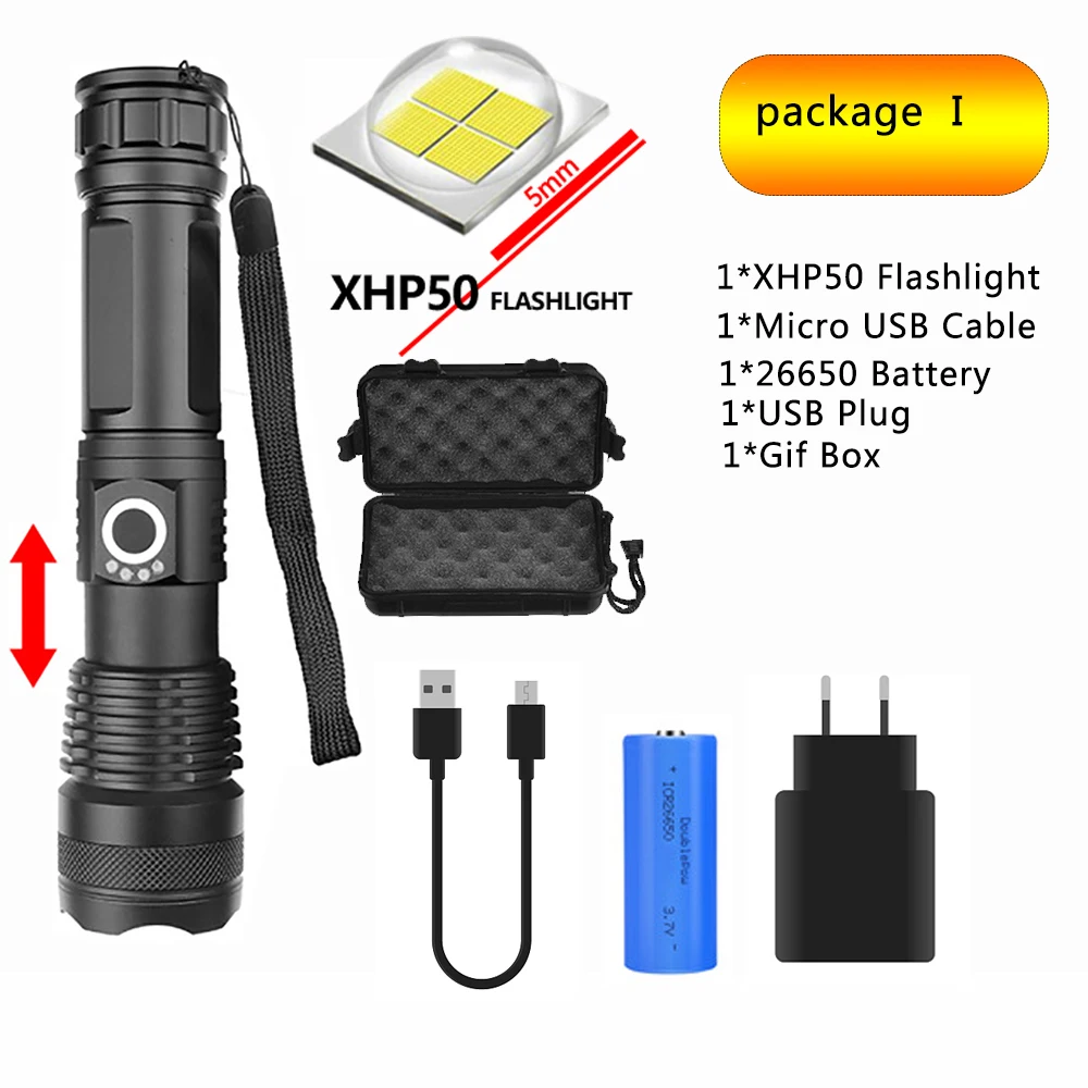 Package I Супер яркий светодиодный фонарь XHP90, перезаряжаемый, водонепроницаемый, фонарь с молотком Безопасности на открытом воздухе, батарея 26650, бесступенчатая лампа с затемнением - Испускаемый цвет: Package I