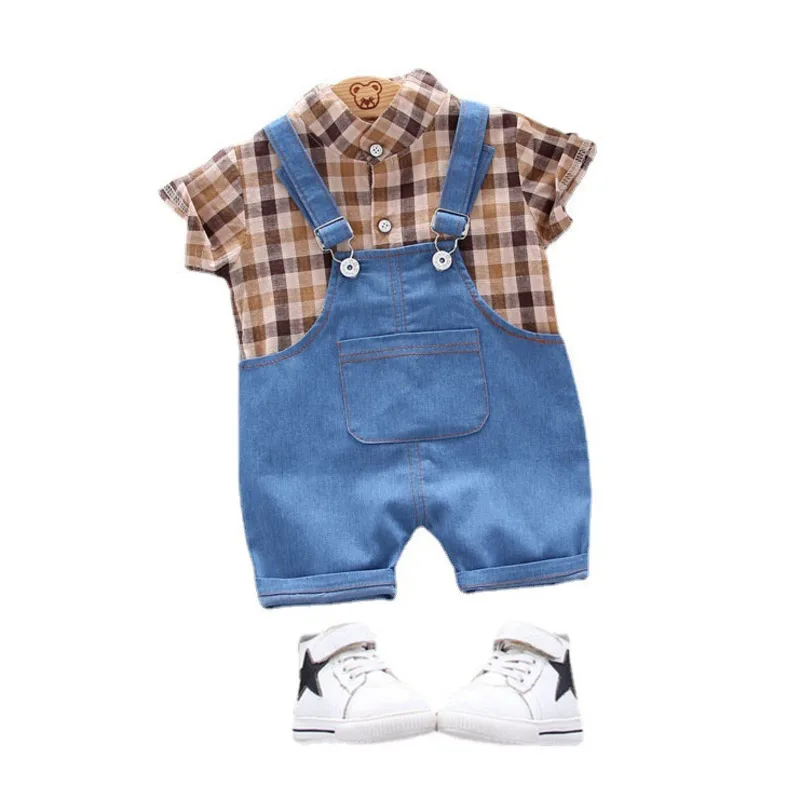 

Модная летняя одежда для малышей комплекты одежды для новорожденных девочек и мальчиков клетчатая рубашка комбинезон брюки 2 шт./компл. Дет...