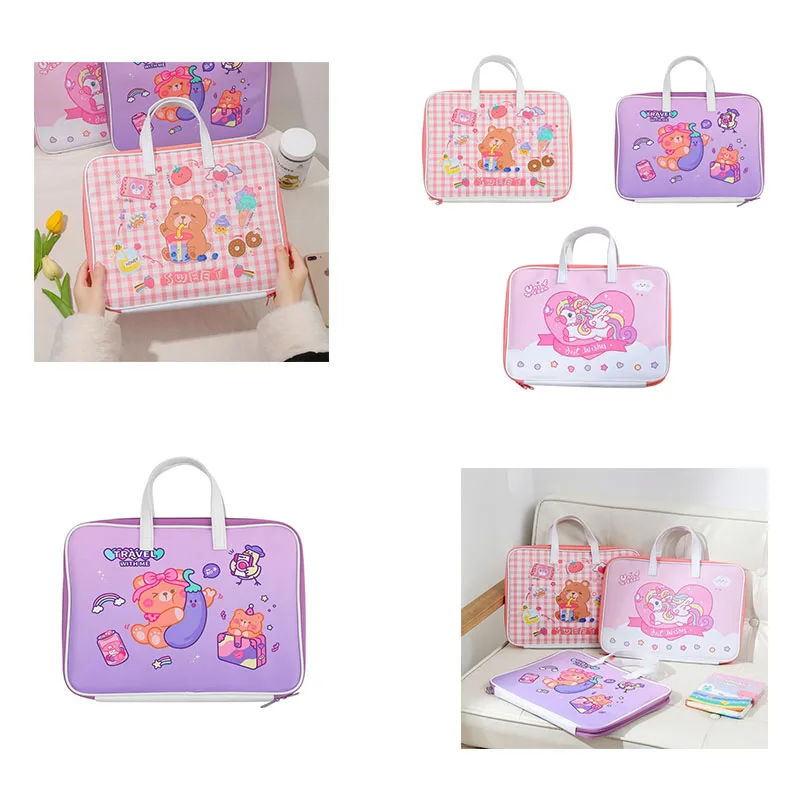 

Cute Cartoon Laptop Sleeve Case 13.3 Inch PU Leather Notebook Briefcase Bear Straw Carrying Bag Handbag For Girls Women