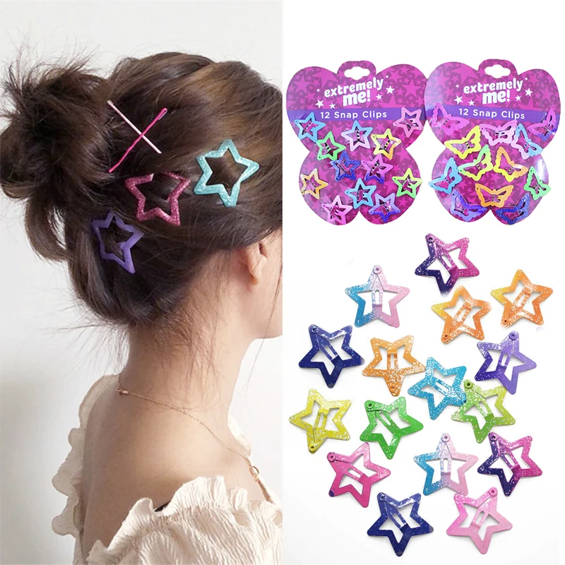 

Beautiful Kids Pentagram Hair Clips Glitter BB Clips Butterfly Colors 12 Pcs Children Asymptotic Color Candy Color Star Girls