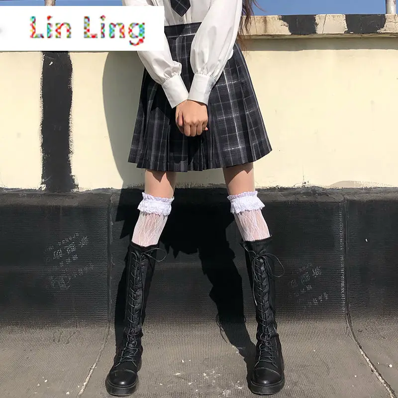 

[Smoky Gray] Girls Long/Short Sleeve High Waist Pleated Skirts Plaid Skirts Women Dress For JK School Uniform Students Clothes A