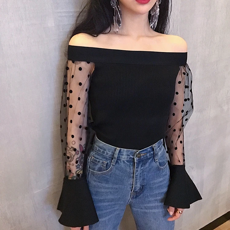 

Summer Sweet Slash Neck Knitted Sweater Shirts Women Full Mesh Flare Sleeve Knit Sweaters Pullovers For Girls