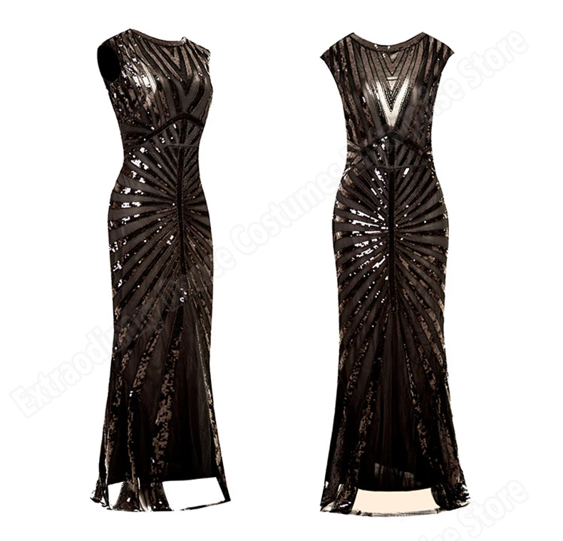 Женские длинные платья в винтажном стиле Great Gatsby Sequin 1920s вечерние платья в стиле АР-деко без рукавов средней длины с круглым вырезом