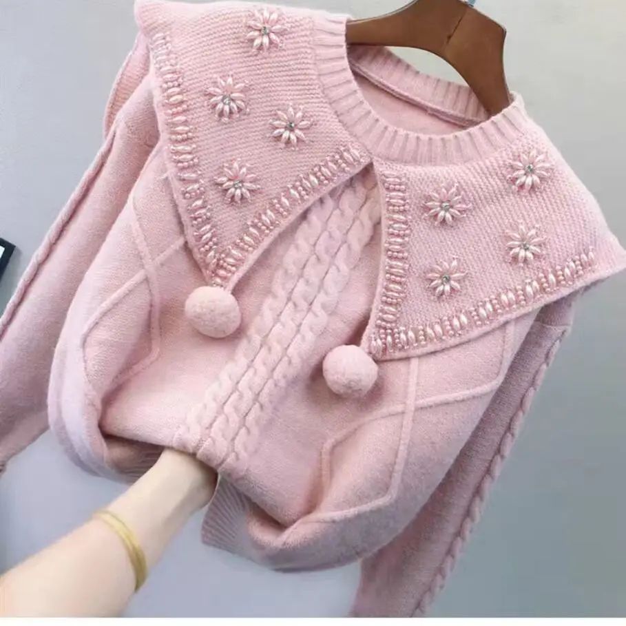 

Женский пуловер с круглым вырезом, однотонный вязаный джемпер с длинным рукавом, Осень-зима 2021