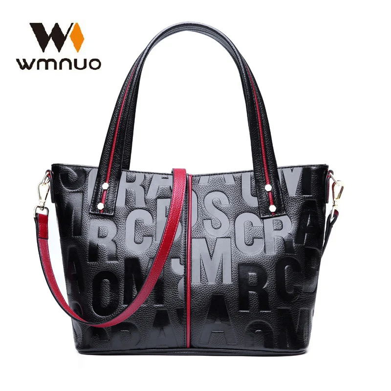Wmnuo Brand Bag Women's Tote Genuine Leather Handbag For Women Cow Personality Letter Embossing Ladies Shoulder Bag Two Style
