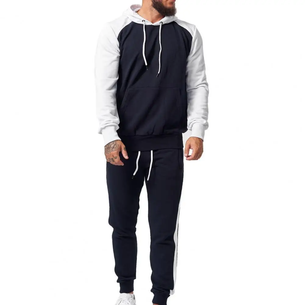 

Men Sets Casual Pants Suit Contrast Color Hooded Loose Drawstring Male Long Sleeve Stylish Loose Pocket Sports Suit