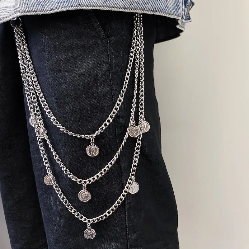 Eboy Three-layer Pants Chain Coin Pendants Waist Chains Wild Silver Color Belly Chain for Men Women Trendy Metal Accessory