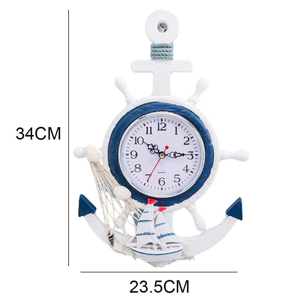 

Wall Clock Wood Nautical Ship Wheel Rudder Steering Beach Sea Theme Wall Hanging Decoration Anchor Clock for Bedroom