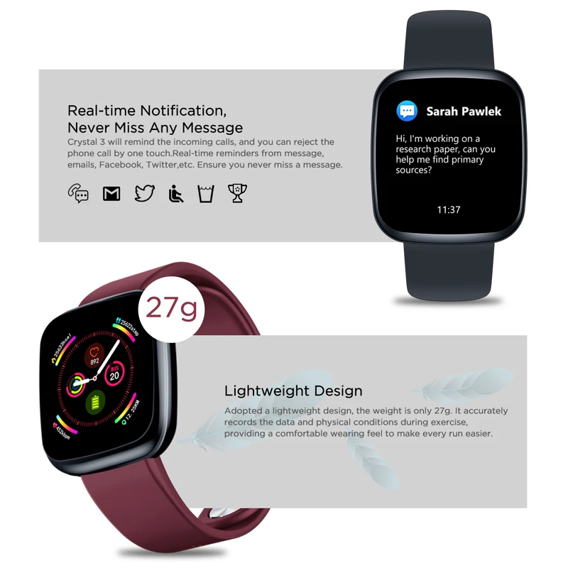2020 Crystal 3 Multi-dial Smartwatch WR IP67 Heart Rate Blood Pressure Long Battery Life IPS Color Display Smart Watch Andriod |
