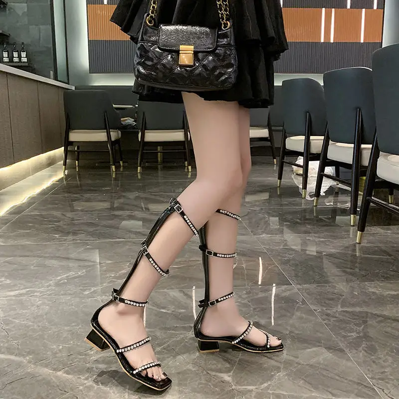 

Korean fashion sandals 2021 new summer fashion trend Rhinestone long tube sandals with Roman high heels and thick heels