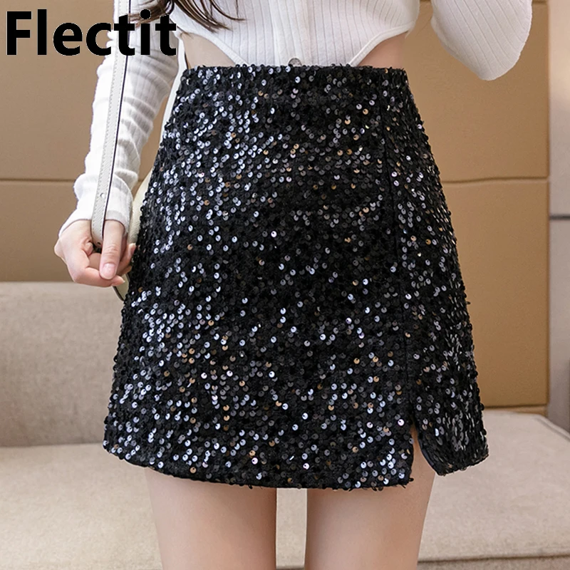 

Юбка женская трапециевидная с блестками и высокой талией