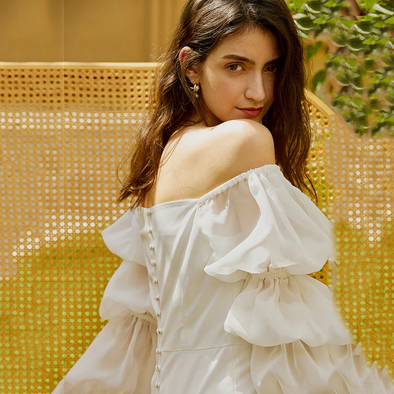 

[EAM] Women White Ruffles Temperament Dress New Slash Neck Long Puff Sleeve Loose Fit Fashion Tide Spring Summer 2021 1Y637
