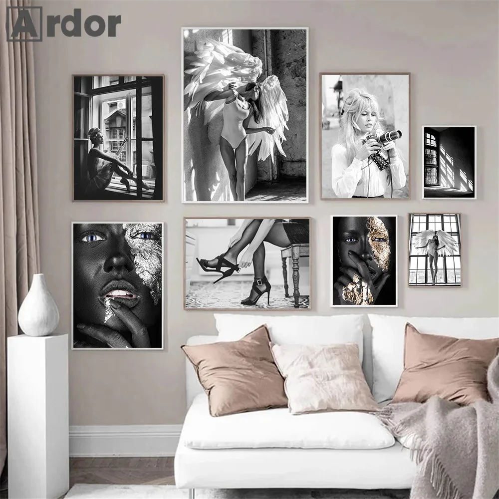 Золотистая Серебристая женщина Настенная картина Крылья Ангела сексуальная