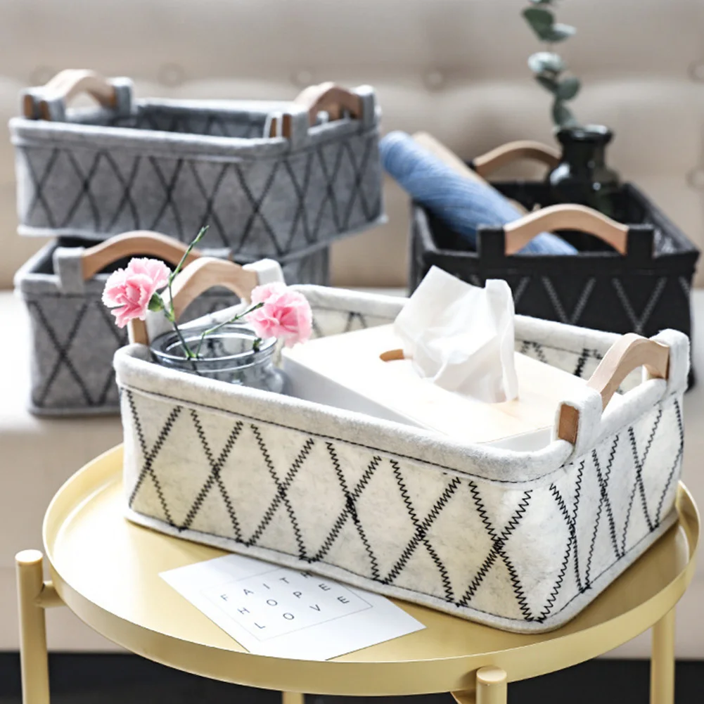

Soft Household Bedroom Storage Basket Portable Toys Containing Wooden Handle Office Felt Clothes Organizer Large Capacity Home
