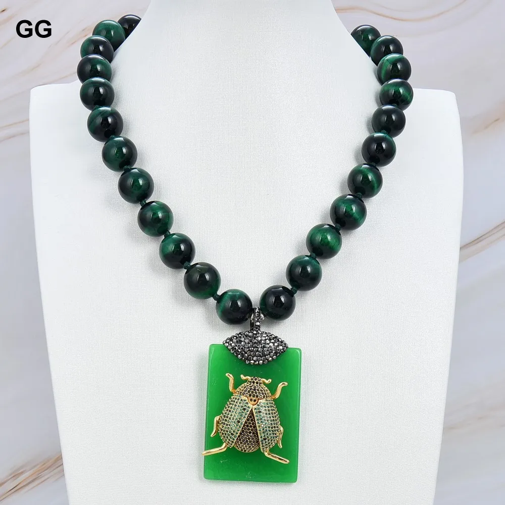 

GuaiGuai ювелирные изделия натуральный камень 12 мм зеленый тигровый глаз ожерелье прямоугольник зеленый нефрит Cz кулон с насекомым 18 дюймов