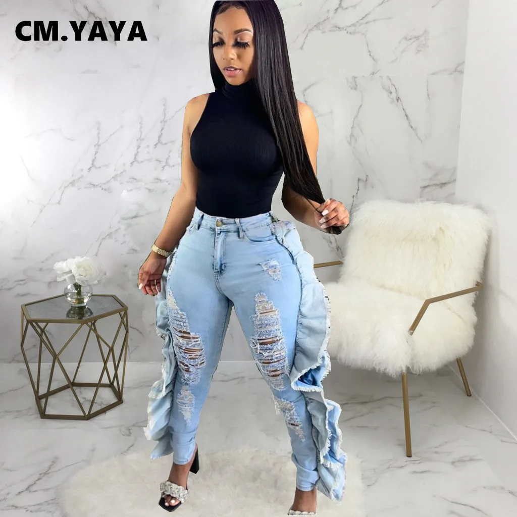 

CM.YAYA Women Jeans Ripped Hole Side Ruffles Mid Waist Pockets Zipper Stretchy Skinny Pencil Denim Pants Fashion Trousers Summer