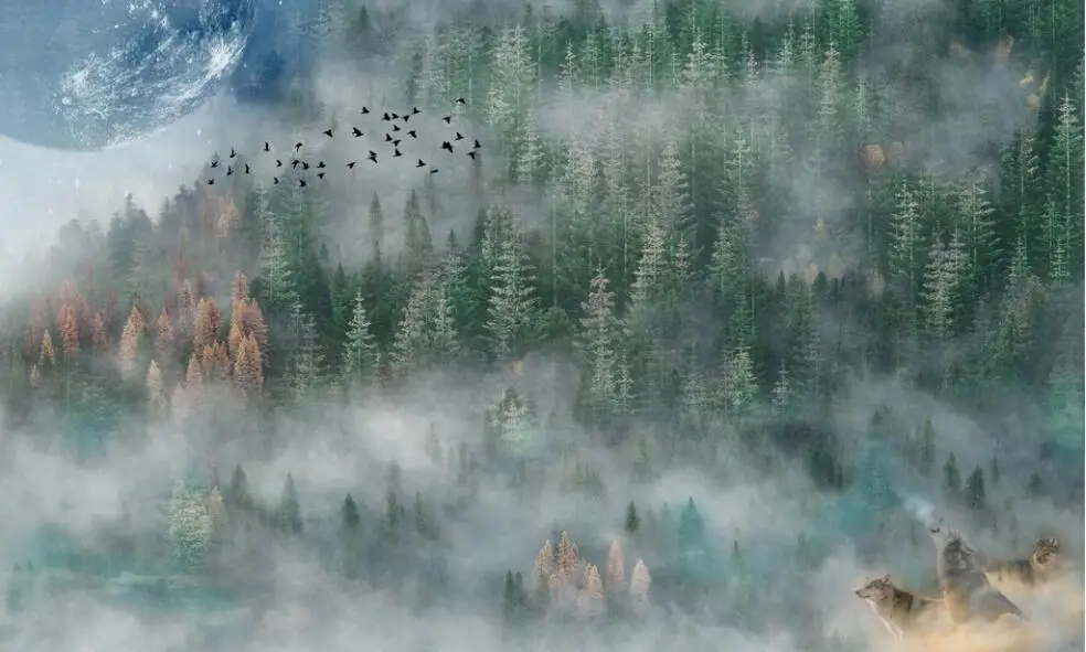 Туманный оригинальный лес настенные фотообои Бумага птицы свяжитесь с диван ТВ