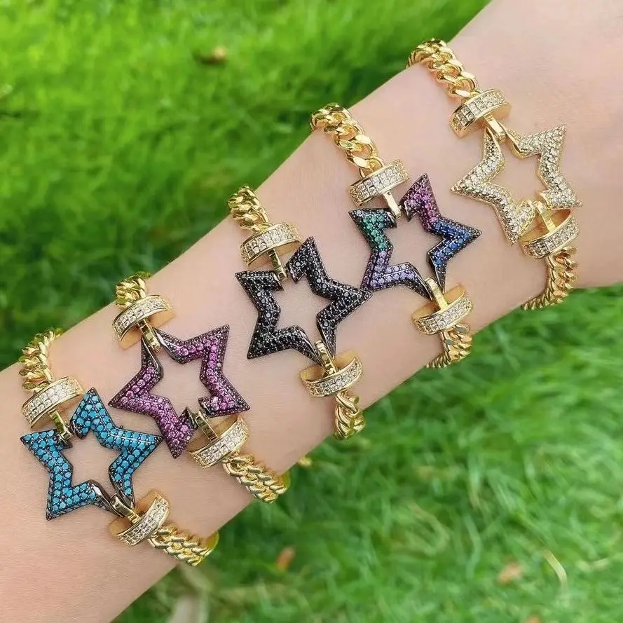 

Luxury Bracelets & Bangles CZ Micro Pave Heart Oval Lip Curb Link Chain Charm Bracelet For Women Jewelry