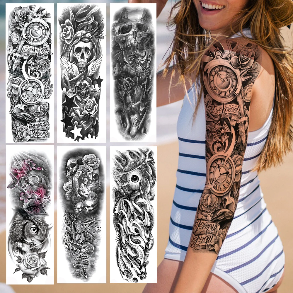 

Переводные Имитационные татуировки на руку, Череп, роза, тату часы, наклейки для мужчин, женщин, мужчин, боди-арт тату, макияж