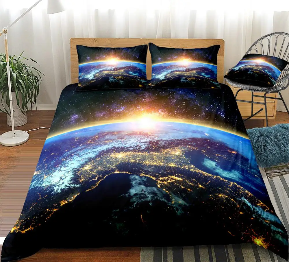 

3D Galaxy Duvet Cover Set Earth Pattern Bedding for Kids Boys Girls Outer Space Home Textiles Gold Microfiber Dropship King