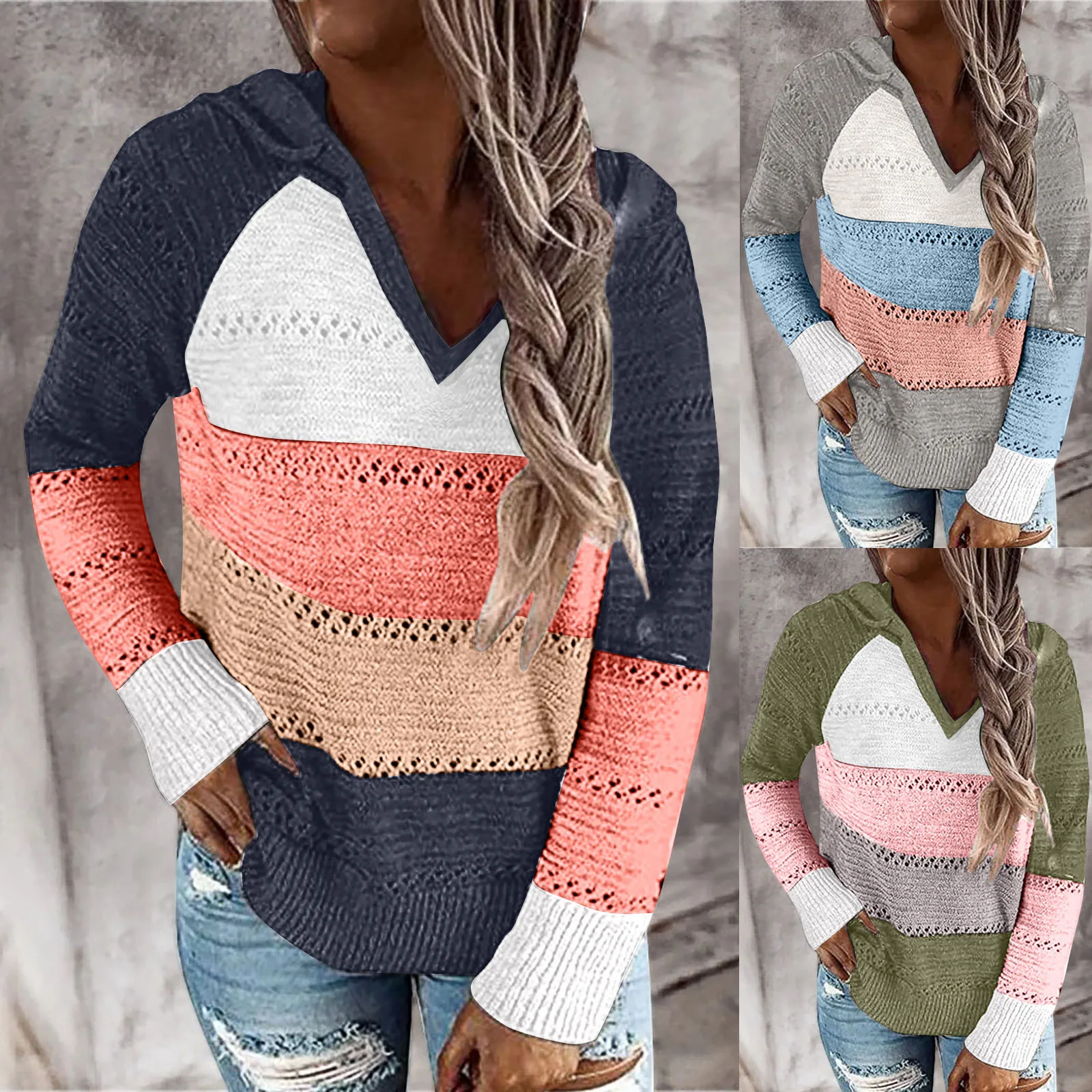 Fashion Women Casual Patchwork V-Neck Long Sleeves Hooded Sweater Blouse Tops худи оверсайз свитер женский plus size #M |