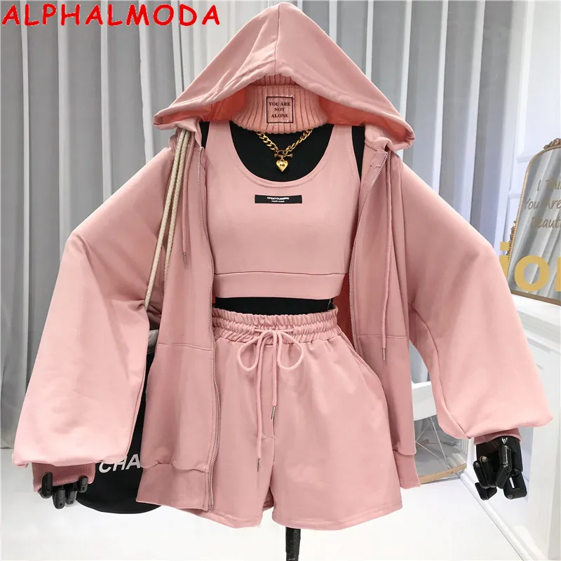 

Костюм женский ALPHALMODA, из жилета и шорт, с капюшоном, Повседневный, на осень, 2020