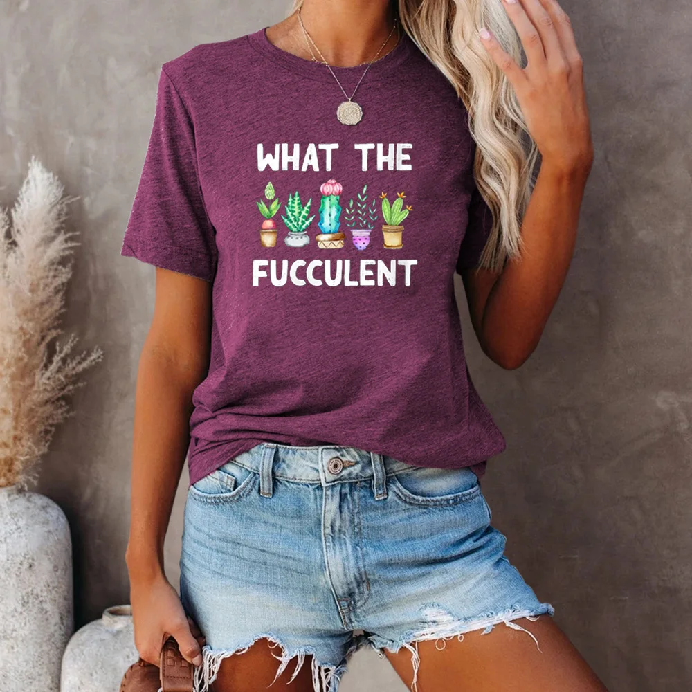

European and American Women's Top Cactus Pattern Printed Round Neck Short Sleeve T-shirt