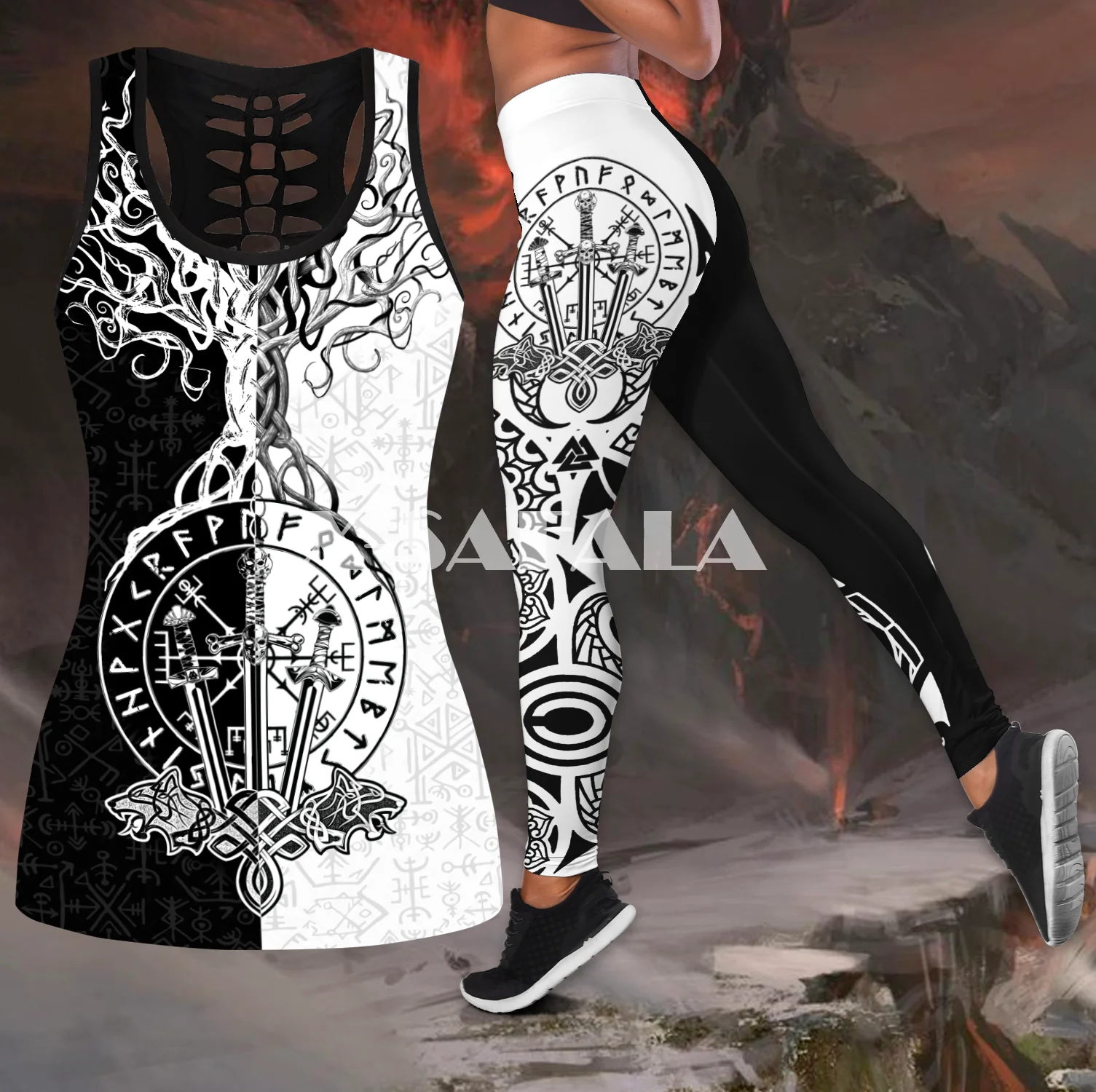 Женский комплект для йоги Vikings Odin Tattoo из двух предметов майка с 3D принтом леггинсы