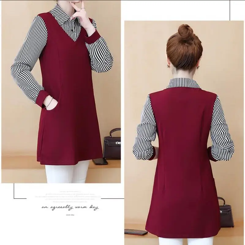 

Womens Tops and Blouses Vintage Long Sleeve Fake Two Pieces Chiffon Blouse Women Shirts Stripe Spliced Plus Size Blusas Mujer