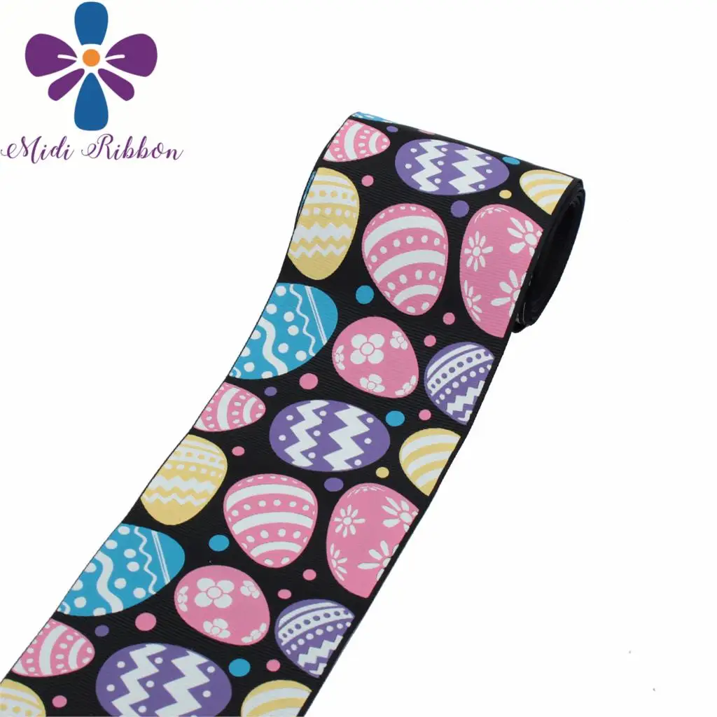 

3"75mm Cartoon Easter Egg White Ink Print Glow in the Dark Solid Color Printed Grosgrain Ribbon DIY Hair Bowknot 50yards/roll