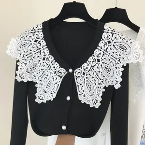 Женский однобортный трикотажный кардиган, элегантный вязаный кардиган в стиле ретро с V-образным вырезом и кружевным воротником, Повседневная вязаная одежда на осень