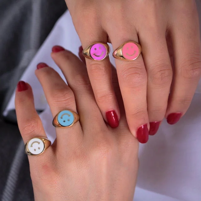 

Gold Color Colorful 2021 Summer Fashion Jewelry Candy Pastel Enamel Smile Happy Face Adjust Dome Women Ring