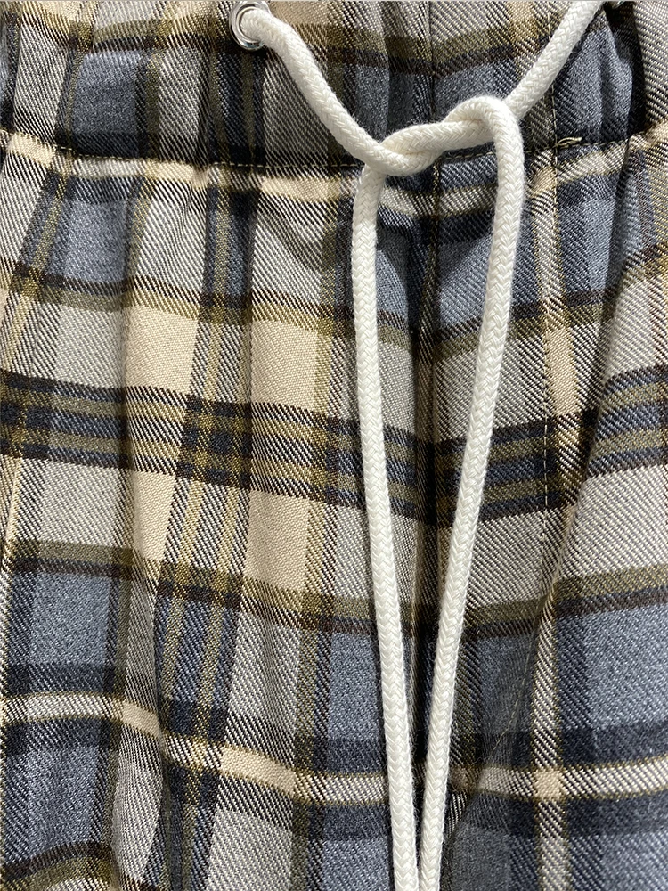 

Retro check pattern elastic high waist tie loose straight leg waist trousers ladies autumn new fashion personality all-match