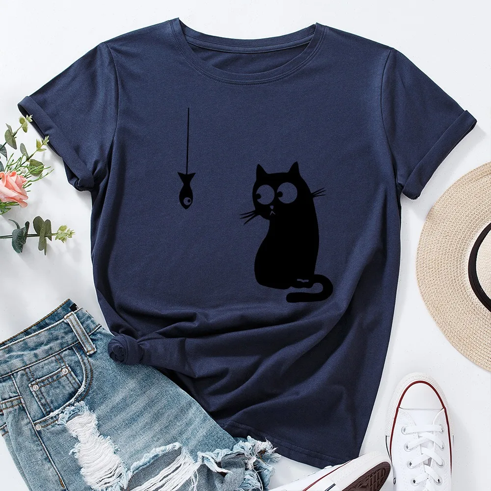 

Cartoon Funny Cat Fish Print TShirt Summer Women T-shirt Casual O Neck Short Sleeve Cotton Tee Shirt Female Graphic Tops