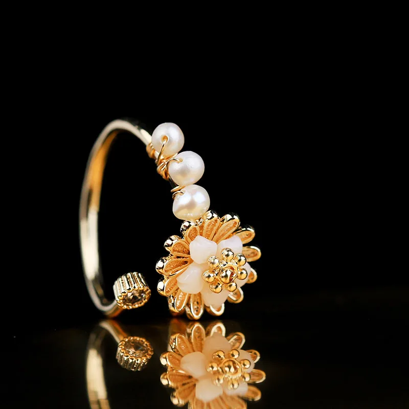 

Vintage Gold Color Stereo Flower Adjustable Rings Women Luxury Zirconia Freshwater Pearl Finger Rings Valentine's Day Gift JZ013