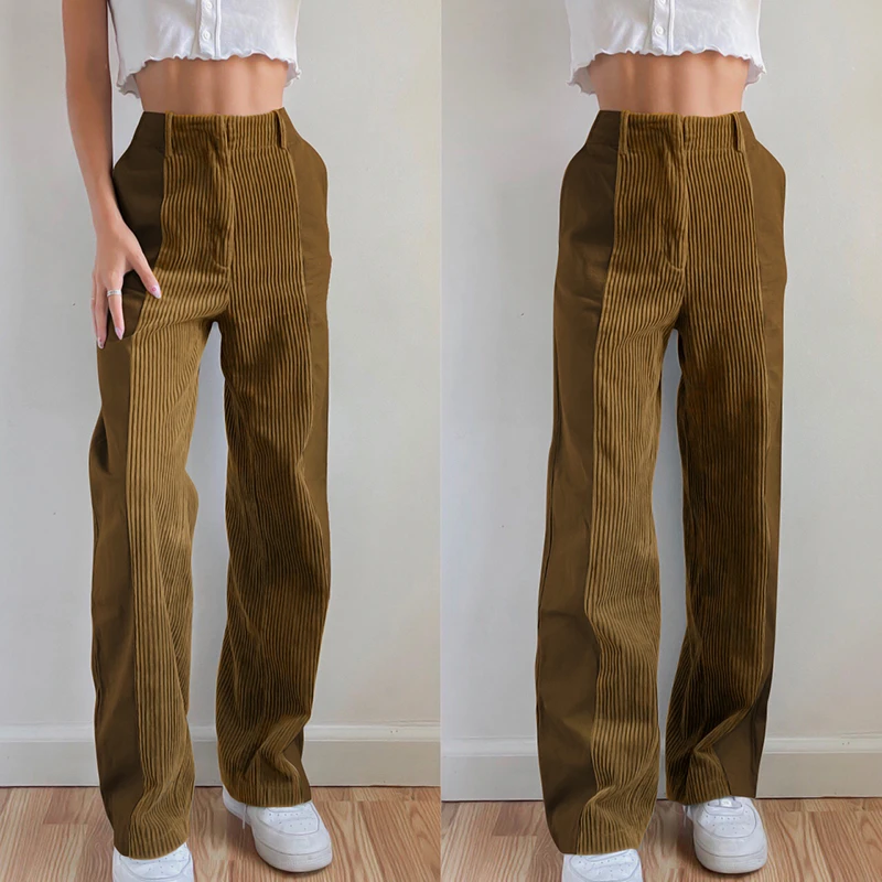 

Fashion Autumn Corduroy Casual Long Pants Women Color Block Straight Leg Pant Girl Elastic High Waist Loose Trousers Streetwear