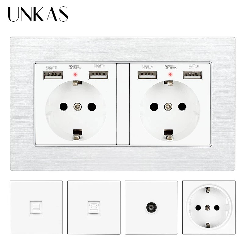 UNKAS White Aluminum Panel EU / French Socket Dual USB Charg