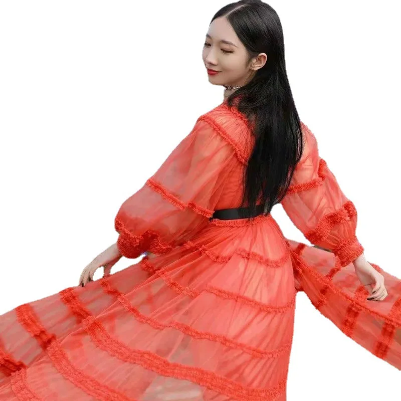 

Celebrity Style Fashionable Red New Style Dress 2021 Spring and Summer Stitching Mesh Single-Breasted Dress Women's Clothing