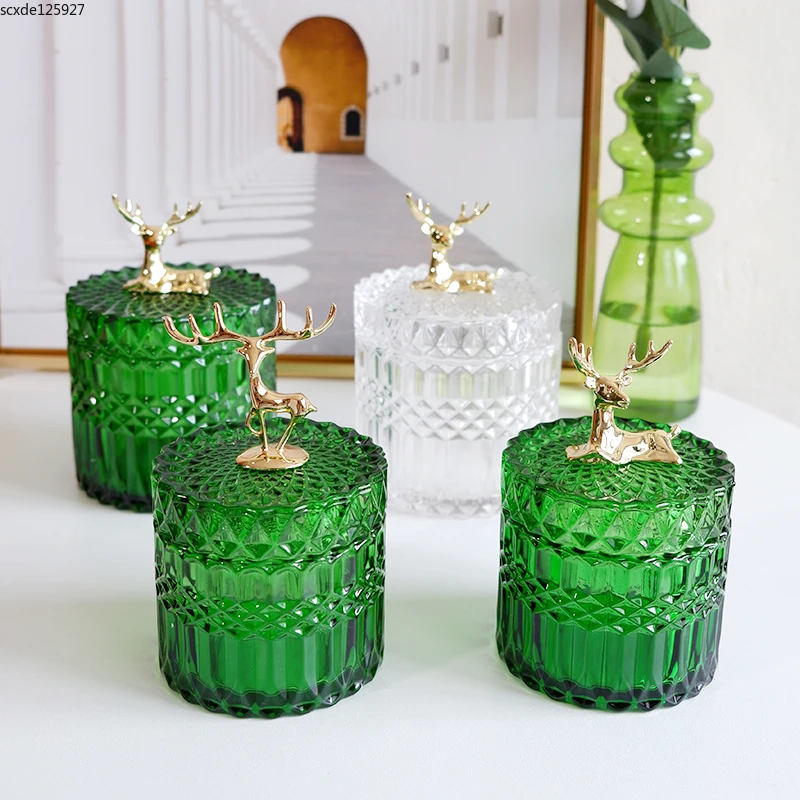 

French Elk Glass Storage Jar Luxury Green Jewelry Cotton Swab Box Desktop Small Object Storage Aromatherapy Candle Bottle Decor