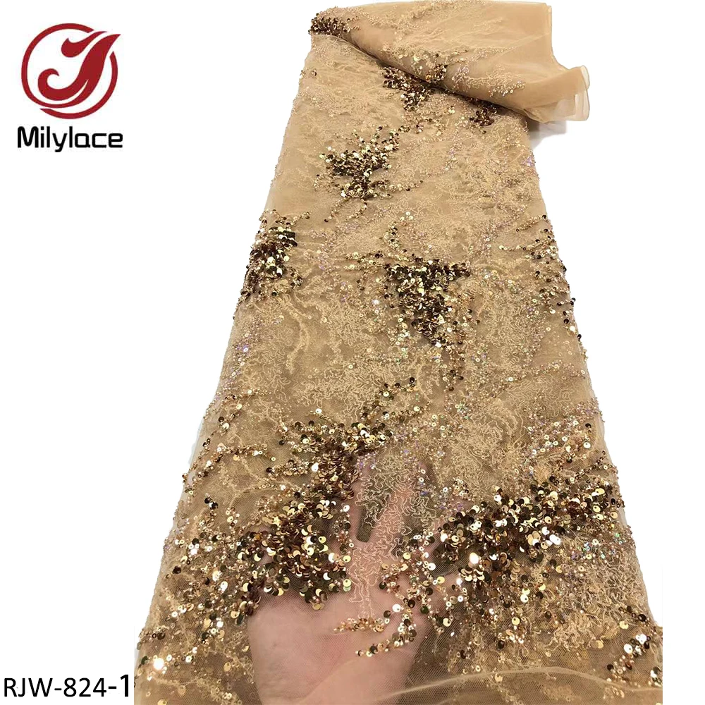 Tela de tul brillante de alta gama, con cuentas de lentejuelas pesadas, lujoso vestido de noche, RJW-824 de encaje franc&eacute;s-0